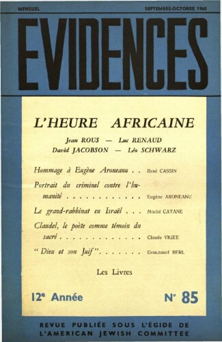 Evidences. N° 85 (Septembre/Octobre 1960)